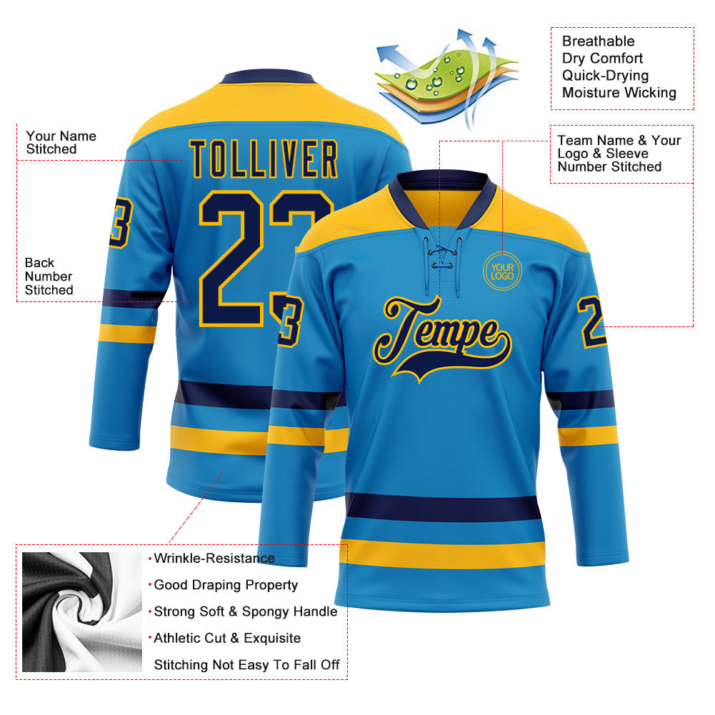 Custom Blue Navy-Gold Hockey Lace Neck Jersey - Sky-Custom