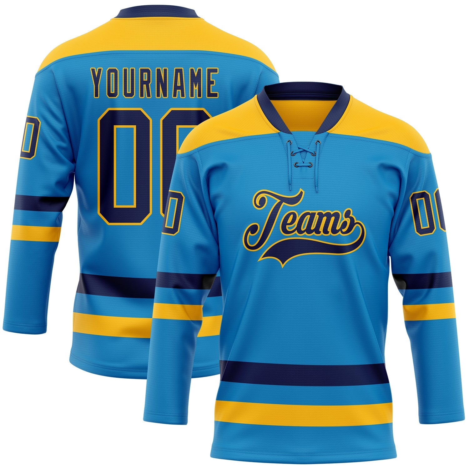 Custom Blue Navy-Gold Hockey Lace Neck Jersey - Sky-Custom