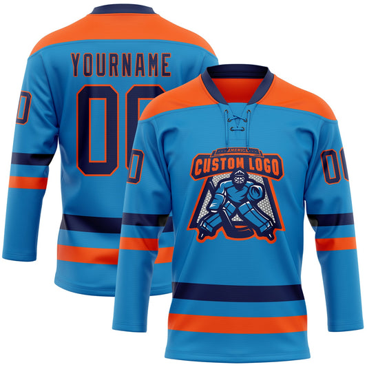 Custom Blue Navy-Orange Hockey Lace Neck Jersey - Sky-Custom