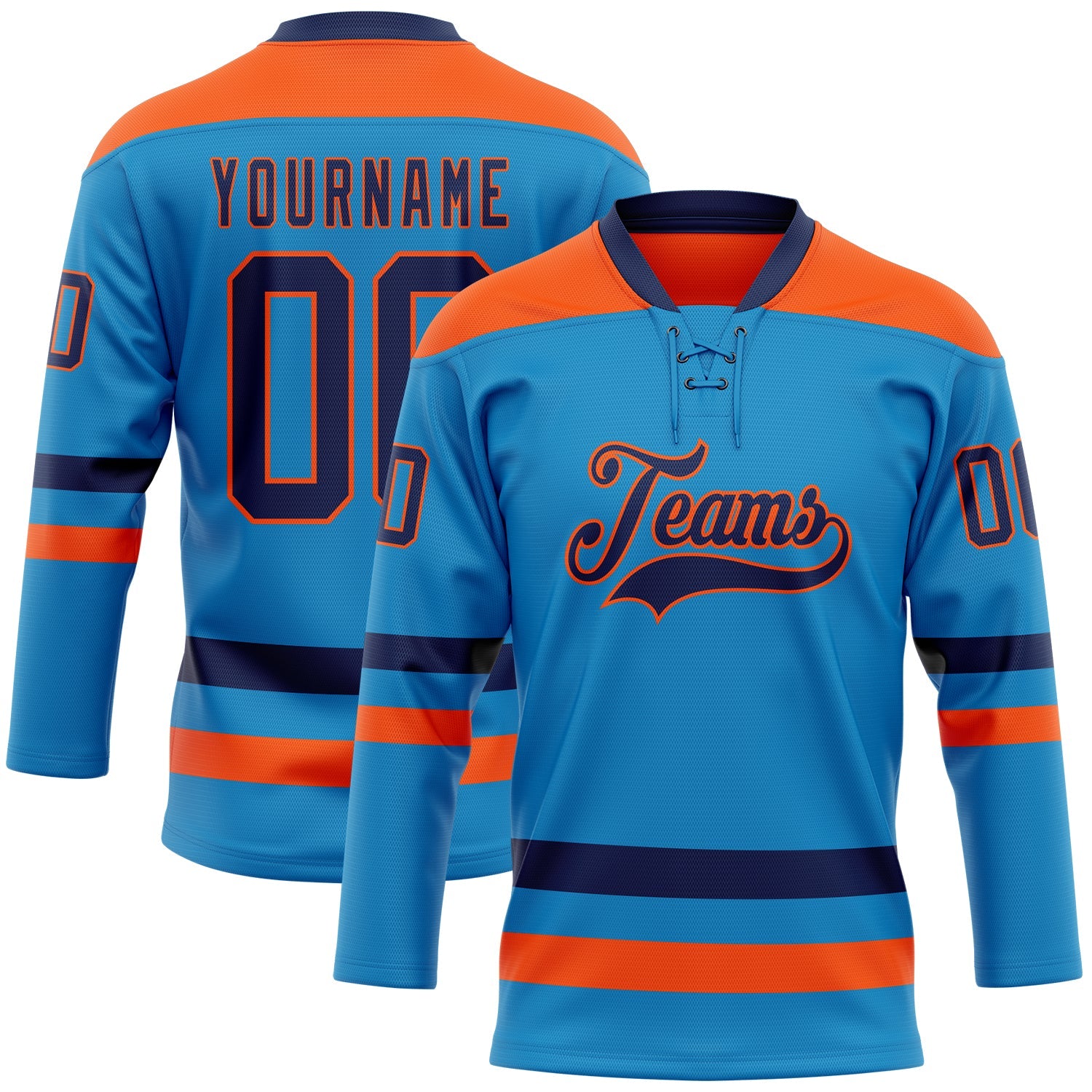 Custom Blue Navy-Orange Hockey Lace Neck Jersey - Sky-Custom