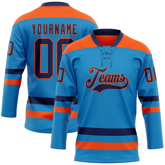 Custom Blue Navy-Orange Hockey Lace Neck Jersey - Sky-Custom
