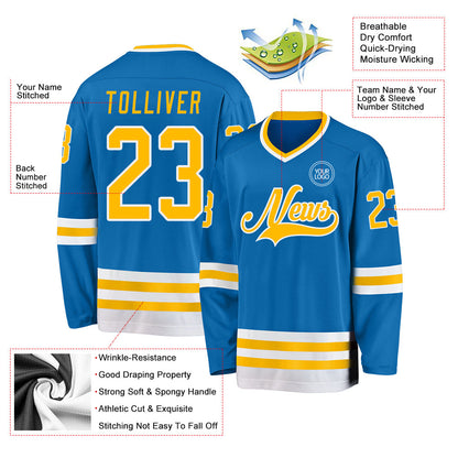 Custom Blue Gold-White Hockey Jersey - Sky-Custom
