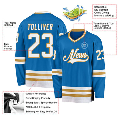 Custom Blue White-Old Gold Hockey Jersey - Sky-Custom