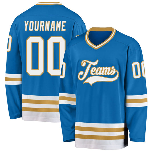 Custom Blue White-Old Gold Hockey Jersey - Sky-Custom