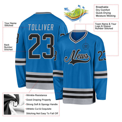 Custom Blue Black-Gray Hockey Jersey - Sky-Custom