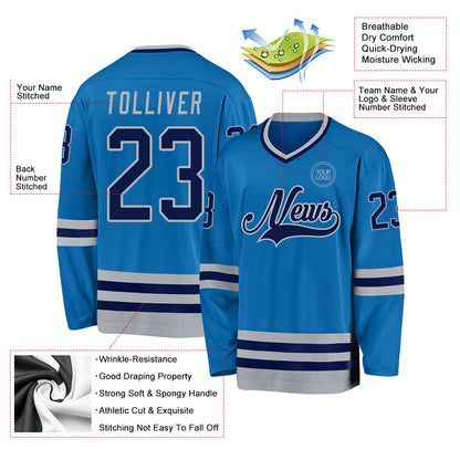 Custom Blue Navy-Gray Hockey Jersey - Sky-Custom