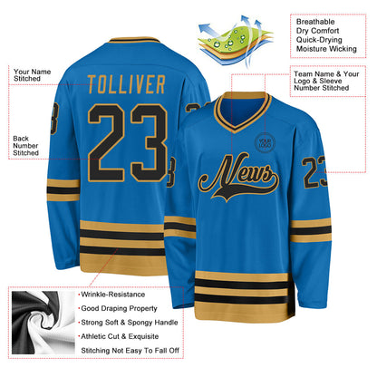 Custom Blue Black-Old Gold Hockey Jersey - Sky-Custom