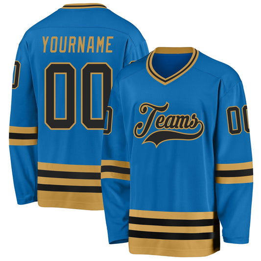 Custom Blue Black-Old Gold Hockey Jersey - Sky-Custom