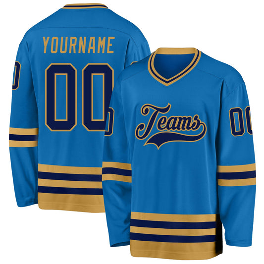 Custom Blue Navy-Old Gold Hockey Jersey - Sky-Custom