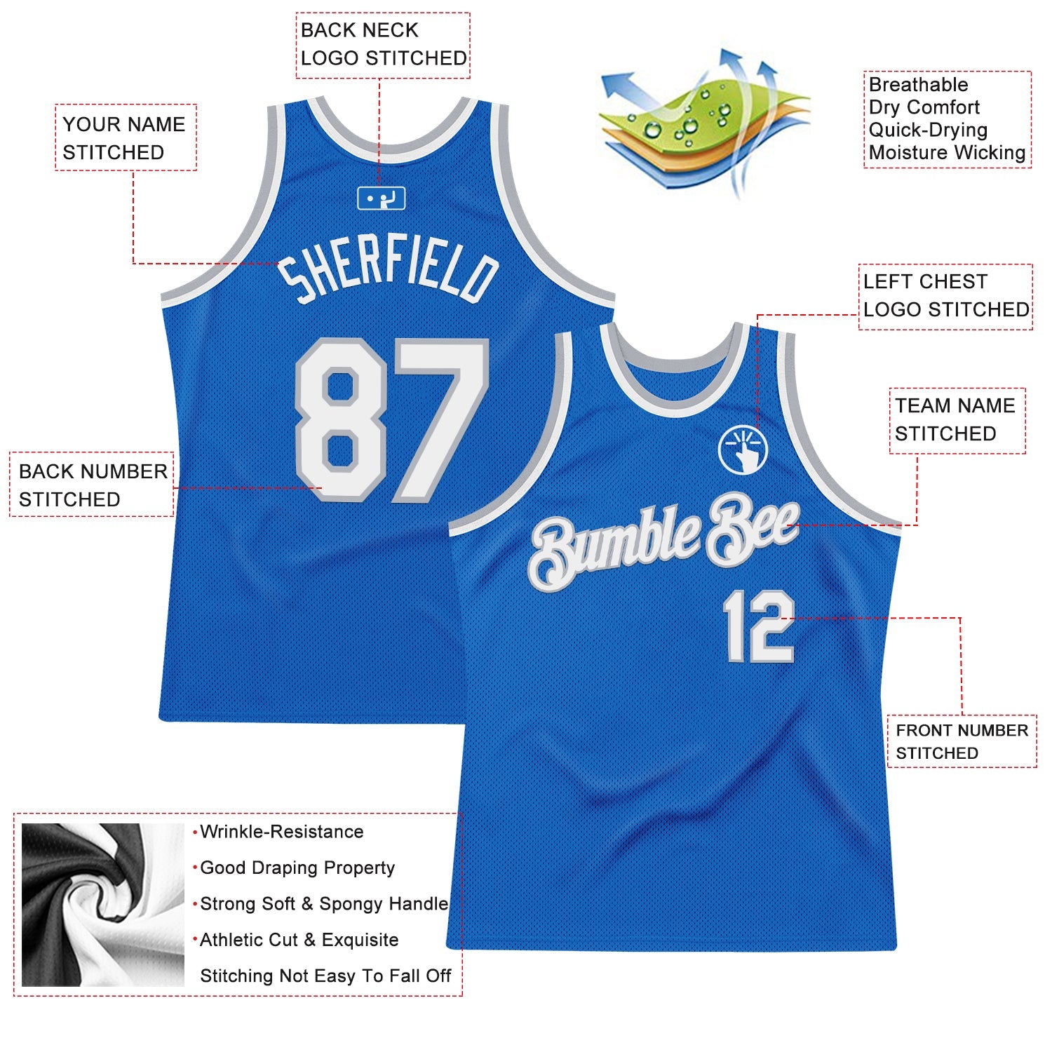 Custom Blue White-Gray Authentic Throwback Basketball Jersey - Sky-Custom