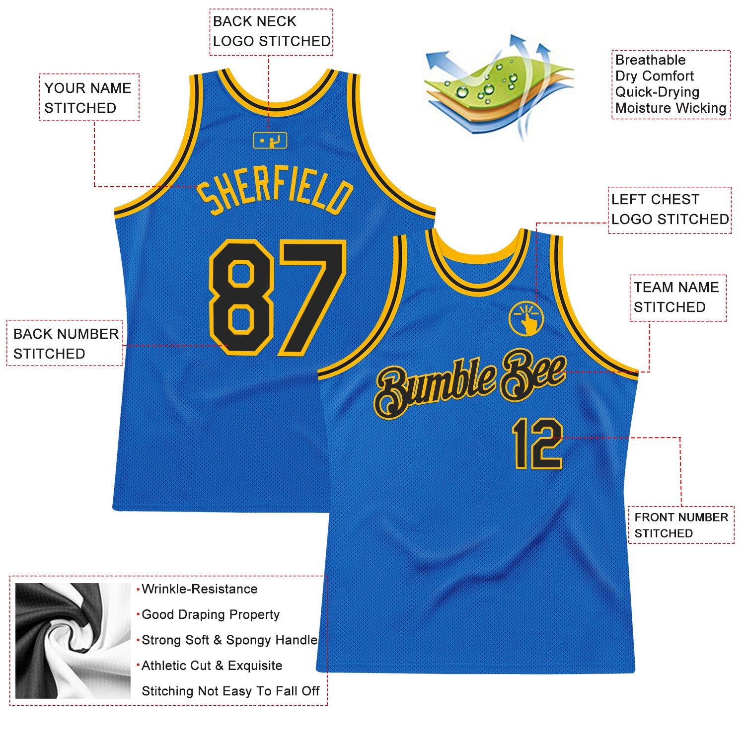 Custom Blue Black-Gold Authentic Throwback Basketball Jersey - Sky-Custom
