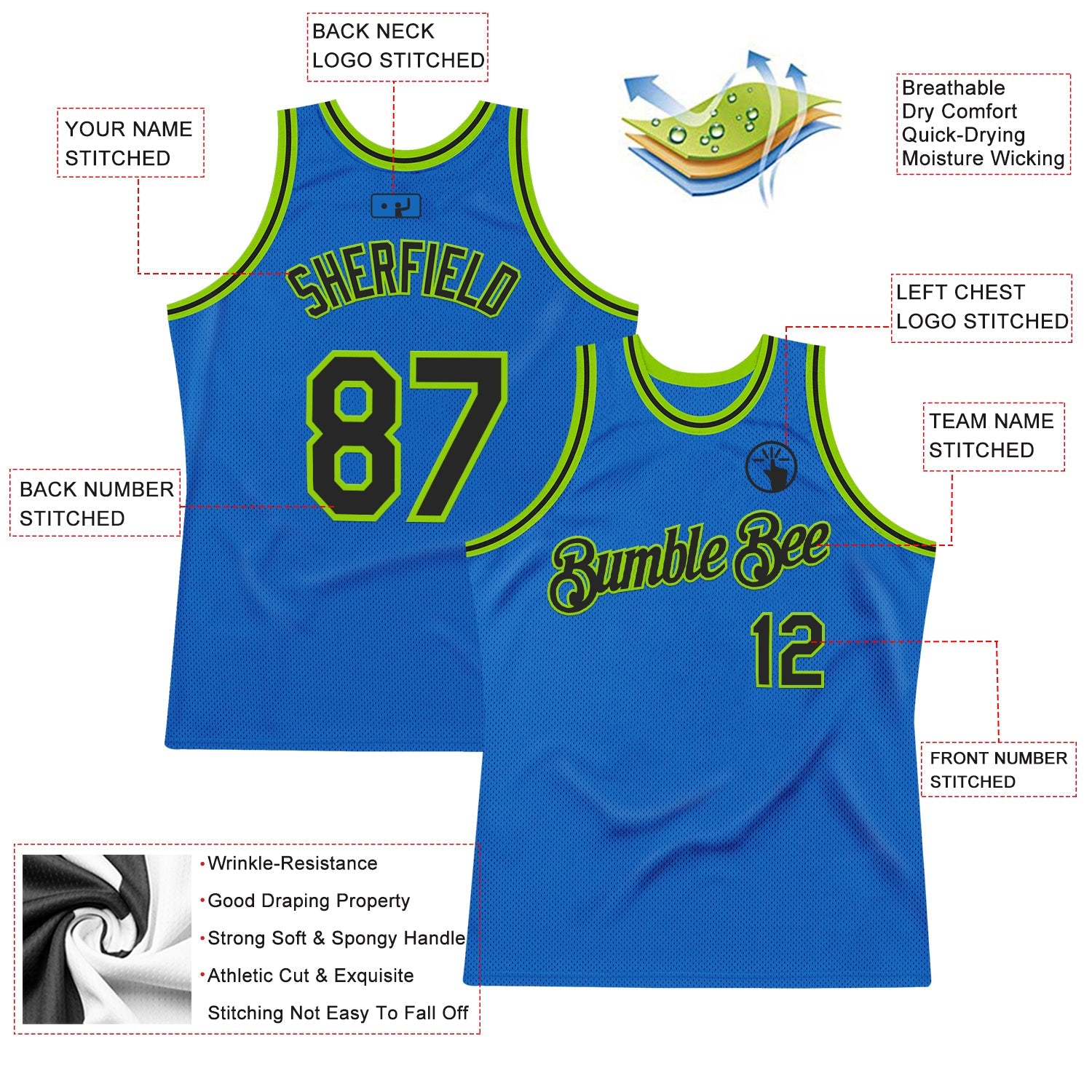 Custom Blue Black-Neon Green Authentic Throwback Basketball Jersey - Sky-Custom