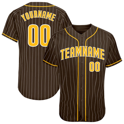 Custom Brown White Pinstripe Gold-White Authentic Baseball Jersey - Sky-Custom