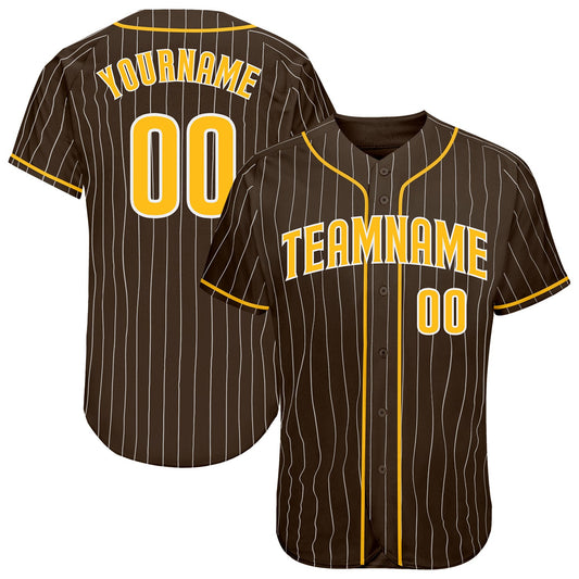 Custom Brown White Pinstripe Gold-White Authentic Baseball Jersey - Sky-Custom