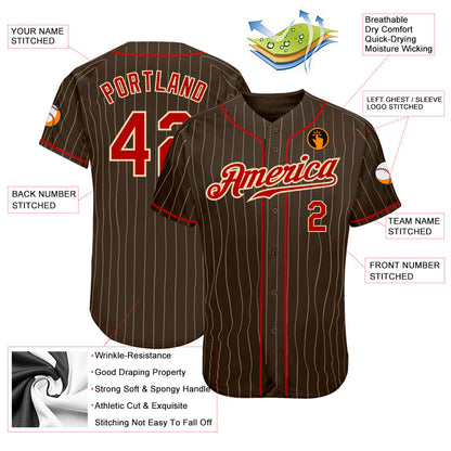 Custom Brown Cream Pinstripe Red-Cream Authentic Baseball Jersey - Sky-Custom