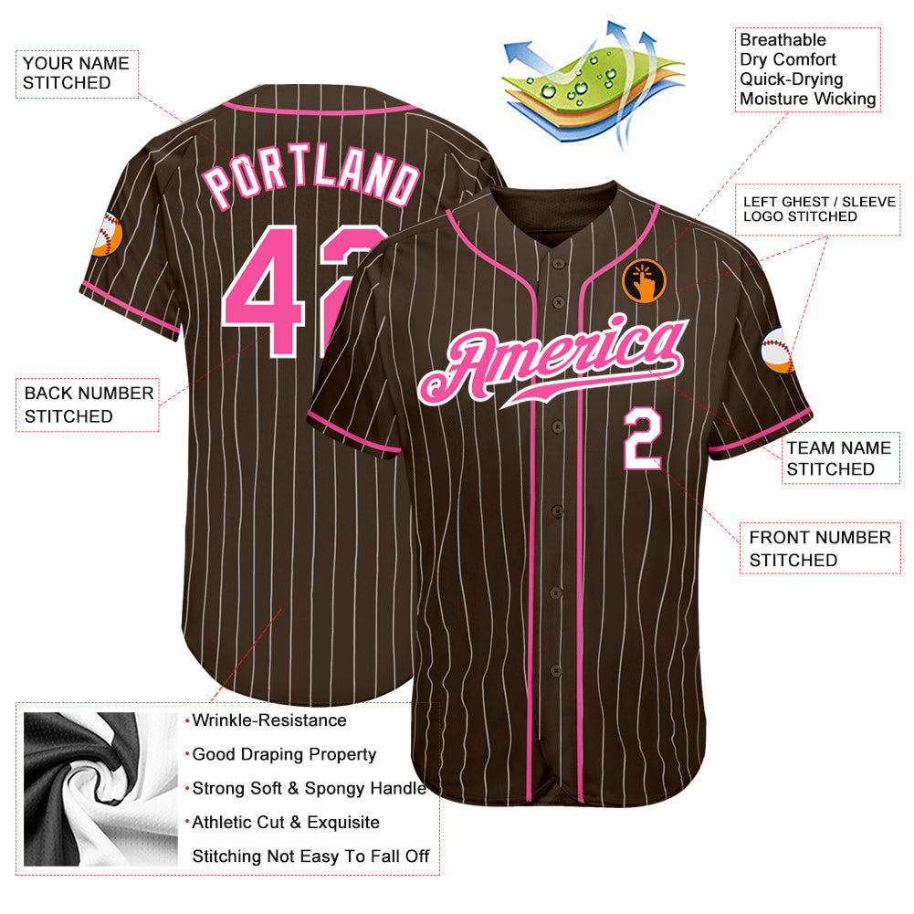 Custom Brown White Pinstripe Pink-White Authentic Baseball Jersey - Sky-Custom