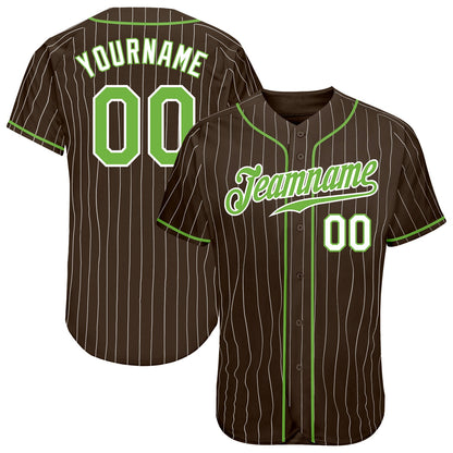 Custom Brown White Pinstripe Neon Green-White Authentic Baseball Jersey - Sky-Custom