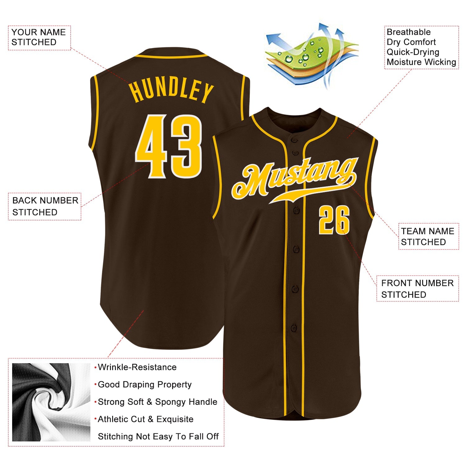 Custom Brown Gold-White Authentic Sleeveless Baseball Jersey - Sky-Custom
