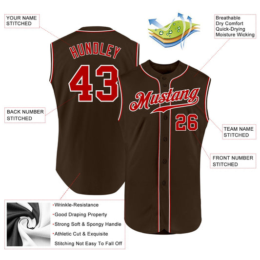 Custom Brown Red-White Authentic Sleeveless Baseball Jersey - Sky-Custom