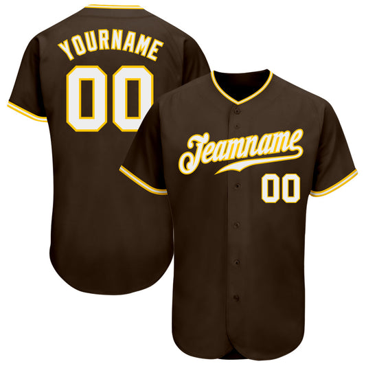 Custom Brown White-Gold Authentic Baseball Jersey - Sky-Custom