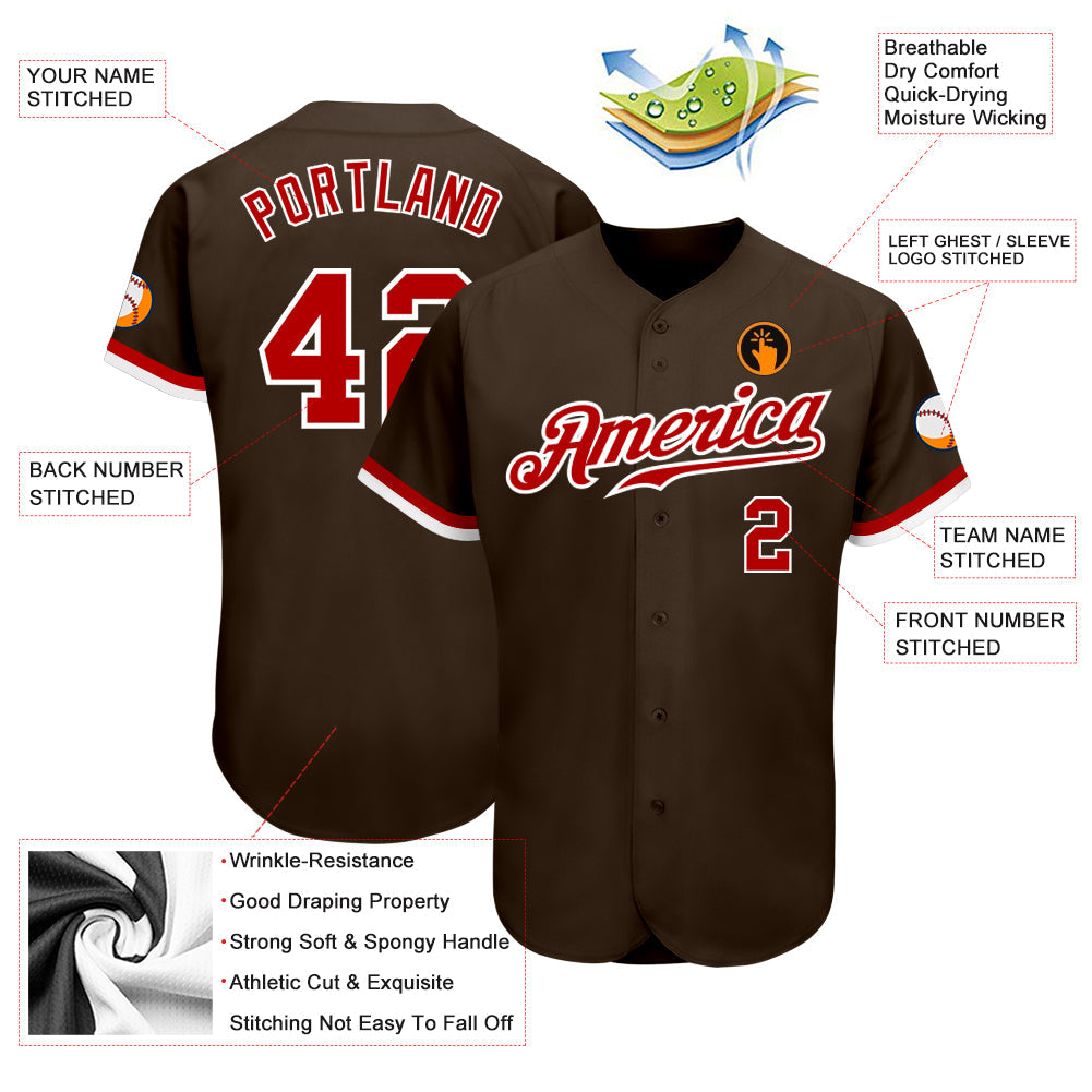 Custom Brown Red-White Authentic Baseball Jersey - Sky-Custom