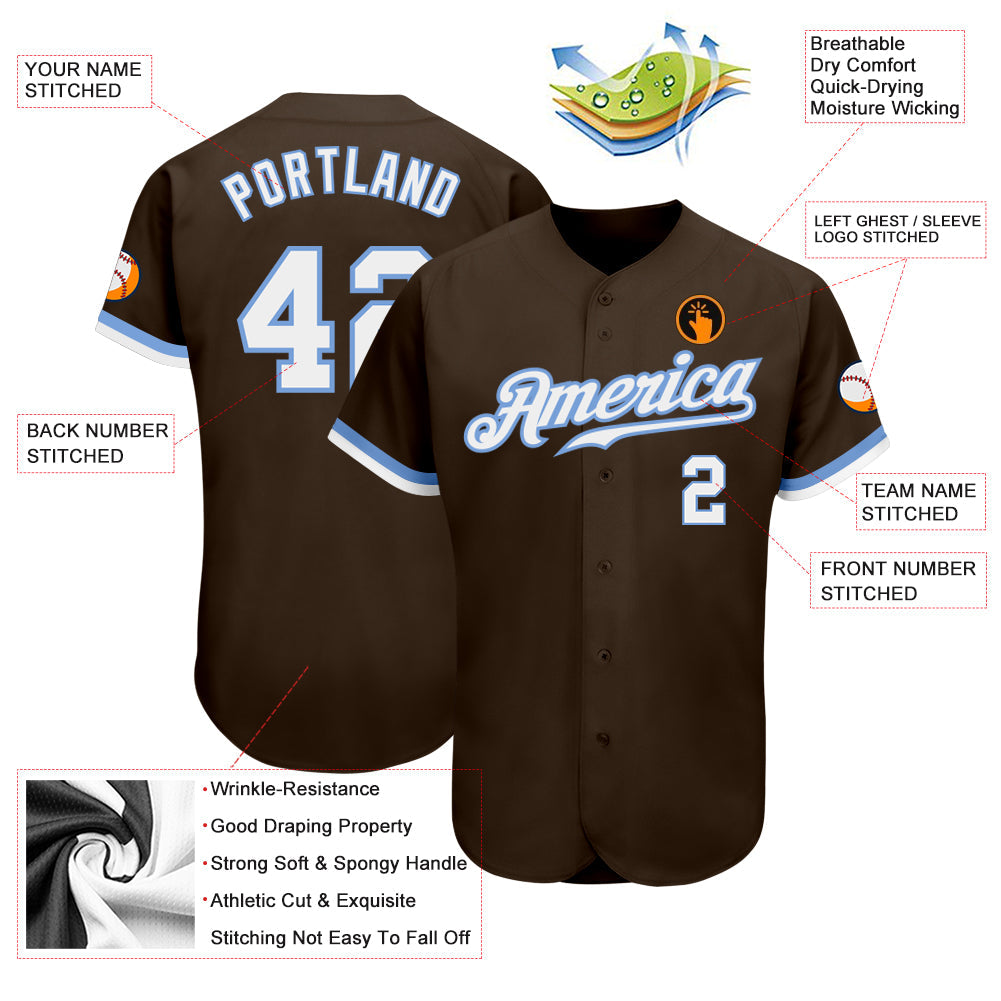 Custom Brown White-Light Blue Authentic Baseball Jersey - Sky-Custom
