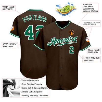 Custom Brown Kelly Green-White Authentic Baseball Jersey - Sky-Custom