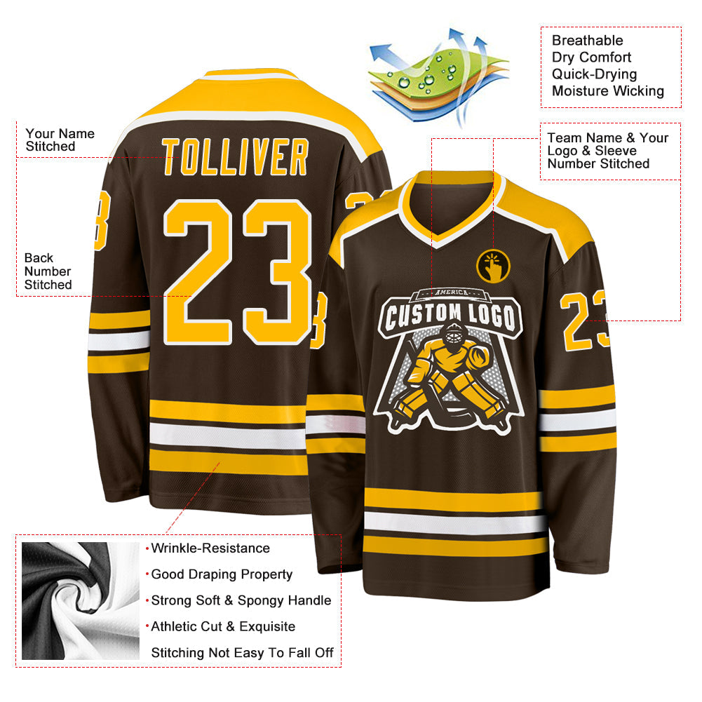 Custom Brown Gold-White Hockey Jersey - Sky-Custom