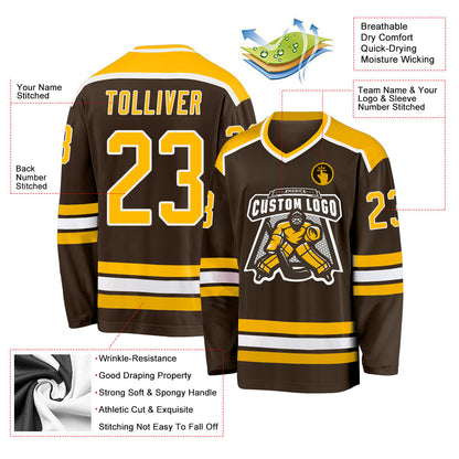 Custom Brown Gold-White Hockey Jersey - Sky-Custom