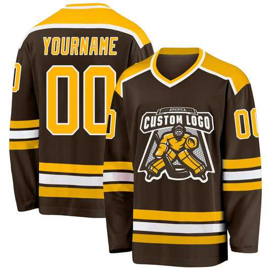 Custom Brown Gold-White Hockey Jersey - Sky-Custom