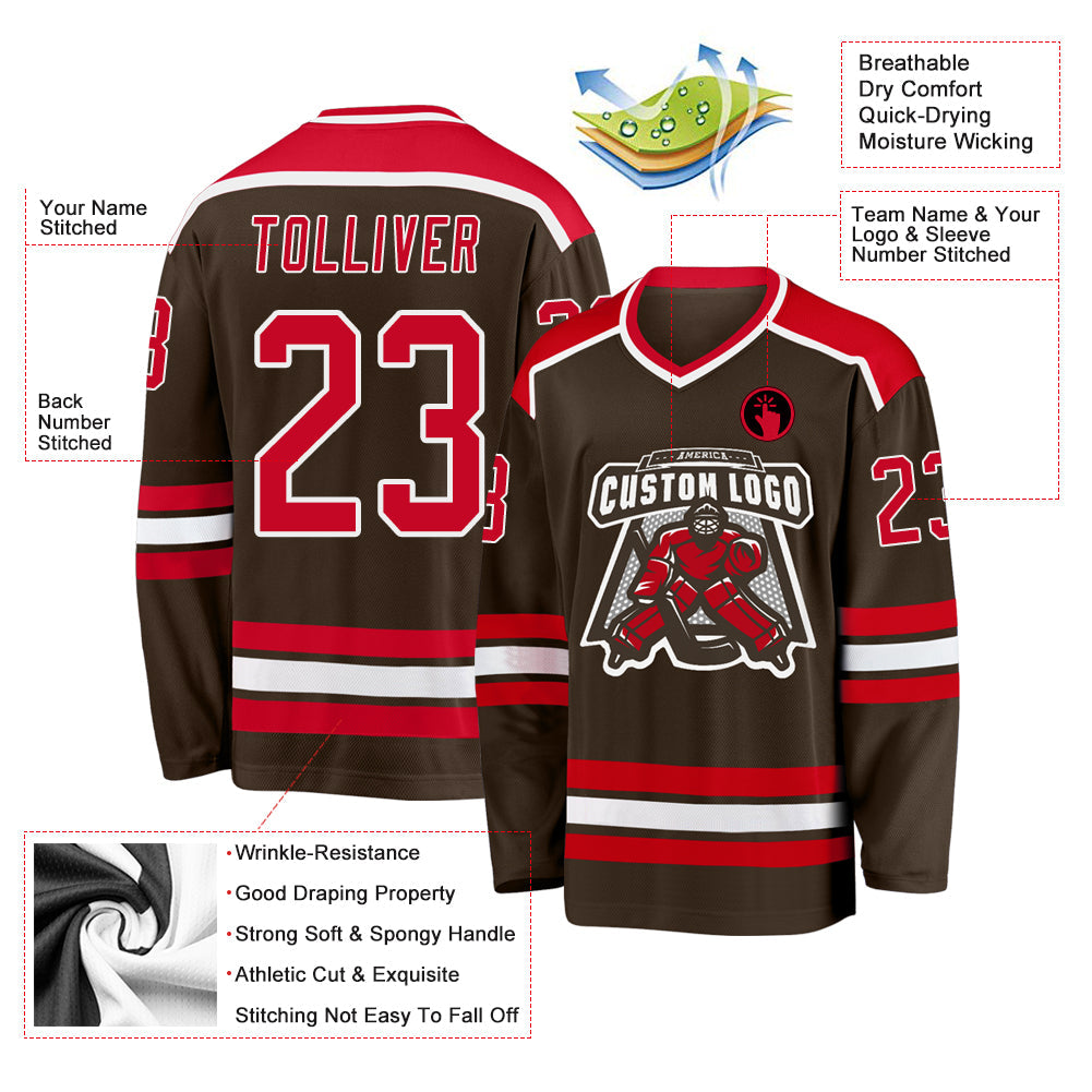 Custom Brown Red-White Hockey Jersey - Sky-Custom