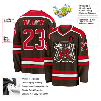 Custom Brown Red-White Hockey Jersey - Sky-Custom