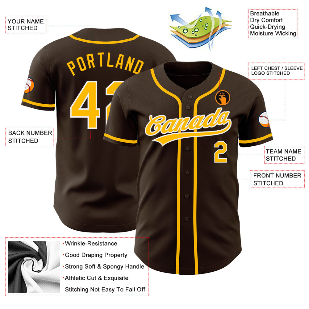 Custom Brown Gold-White Authentic Baseball Jersey - Sky-Custom