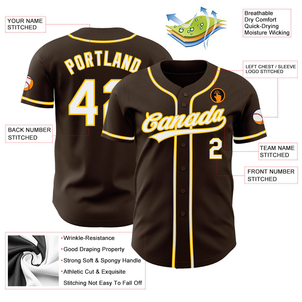 Custom Brown White-Gold Authentic Baseball Jersey - Sky-Custom
