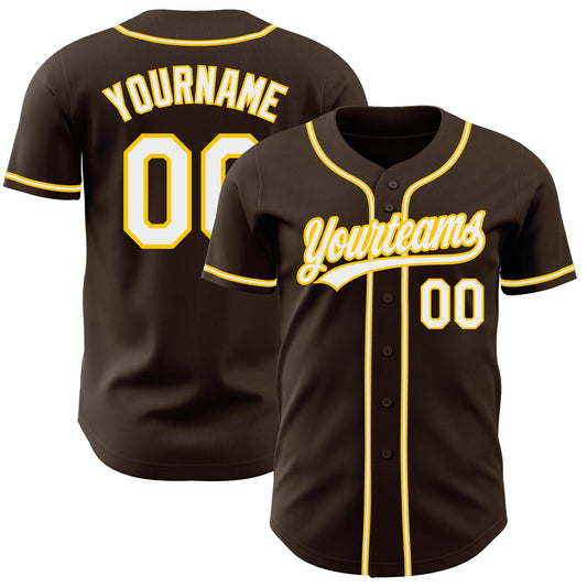 Custom Brown White-Gold Authentic Baseball Jersey - Sky-Custom