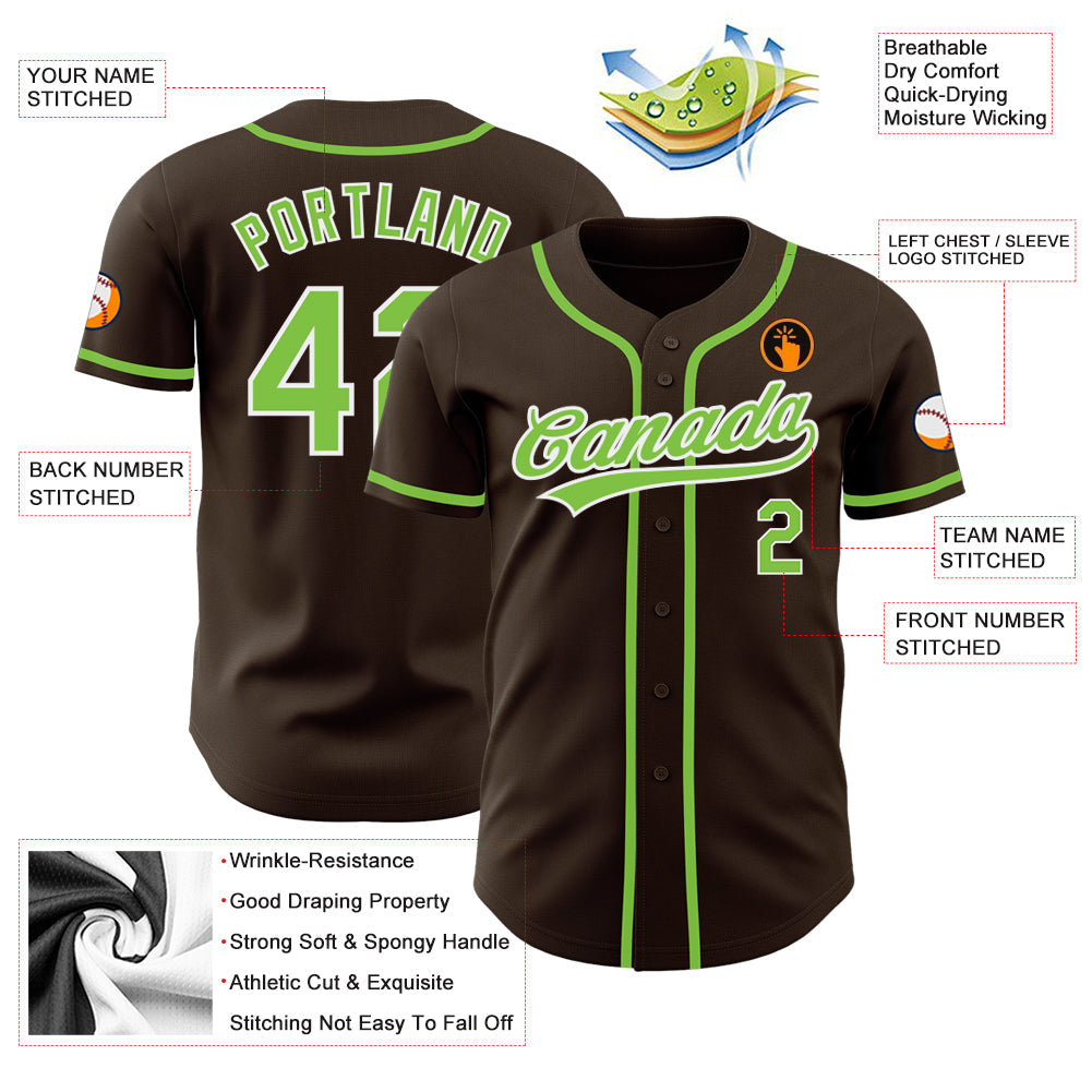 Custom Brown Neon Green-White Authentic Baseball Jersey - Sky-Custom