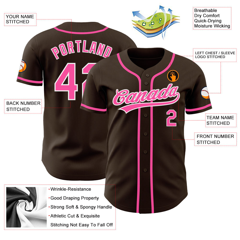 Custom Brown Pink-White Authentic Baseball Jersey - Sky-Custom