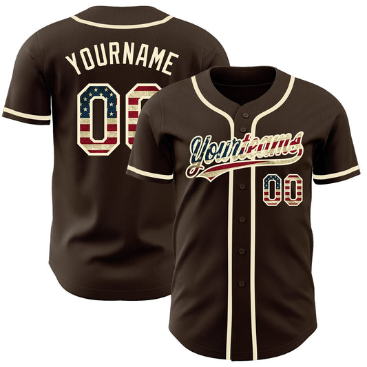 Custom Brown Vintage USA Flag-Cream Authentic Baseball Jersey - Sky-Custom