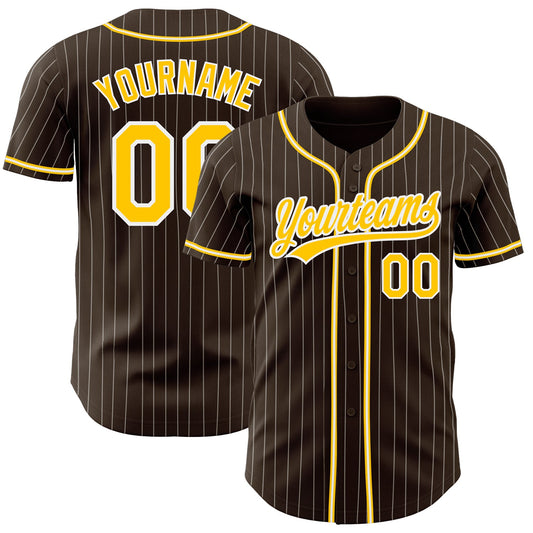 Custom Brown White Pinstripe Gold Authentic Baseball Jersey - Sky-Custom