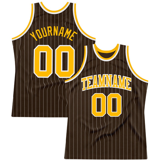 Custom Brown White Pinstripe Gold Authentic Basketball Jersey - Sky-Custom
