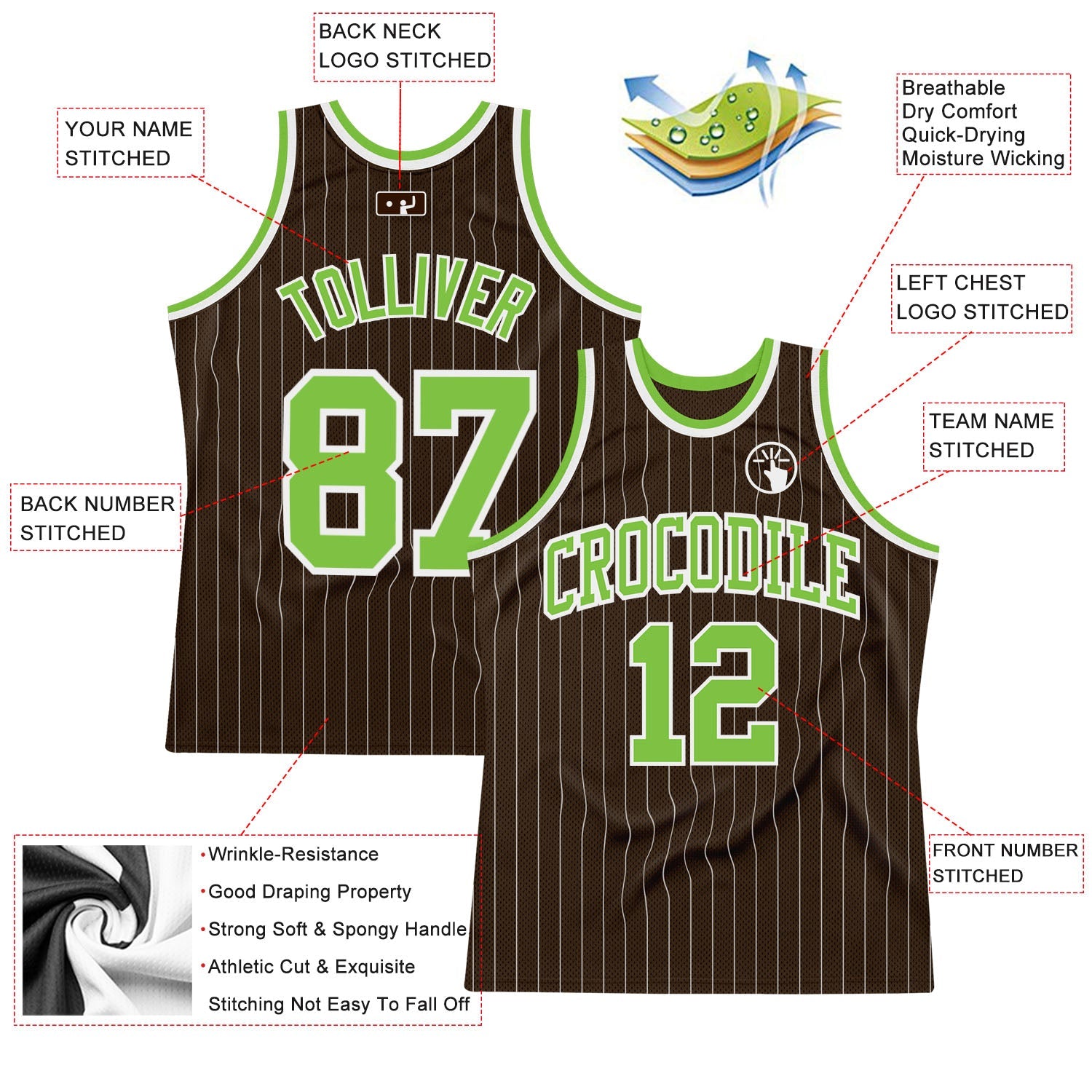 Custom Brown White Pinstripe Neon Green Authentic Basketball Jersey - Sky-Custom