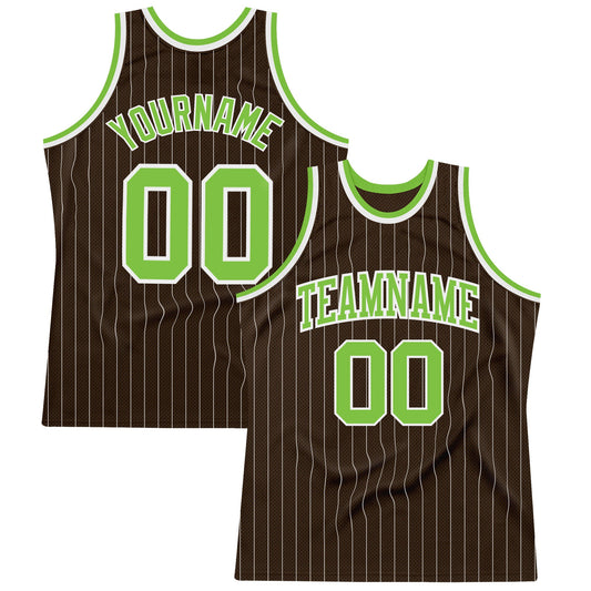 Custom Brown White Pinstripe Neon Green Authentic Basketball Jersey - Sky-Custom