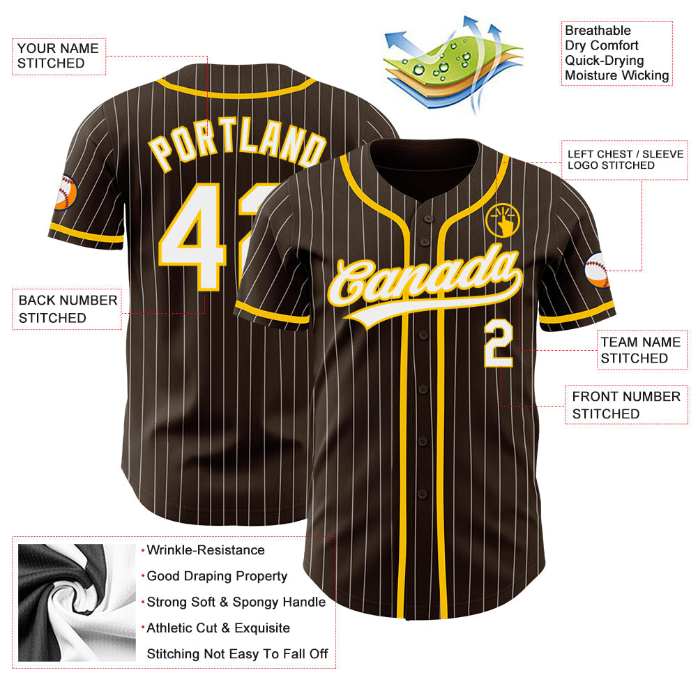 Custom Brown White Pinstripe Yellow Authentic Baseball Jersey - Sky-Custom