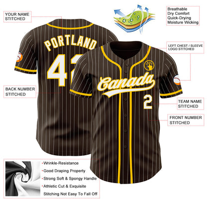 Custom Brown White Pinstripe Yellow Authentic Baseball Jersey - Sky-Custom