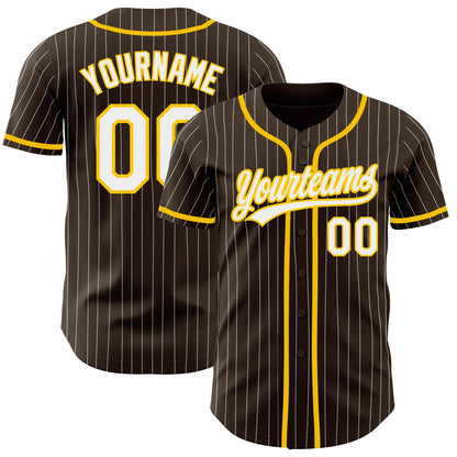 Custom Brown White Pinstripe Yellow Authentic Baseball Jersey - Sky-Custom