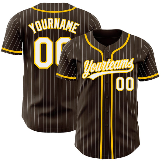 Custom Brown White Pinstripe Yellow Authentic Baseball Jersey - Sky-Custom