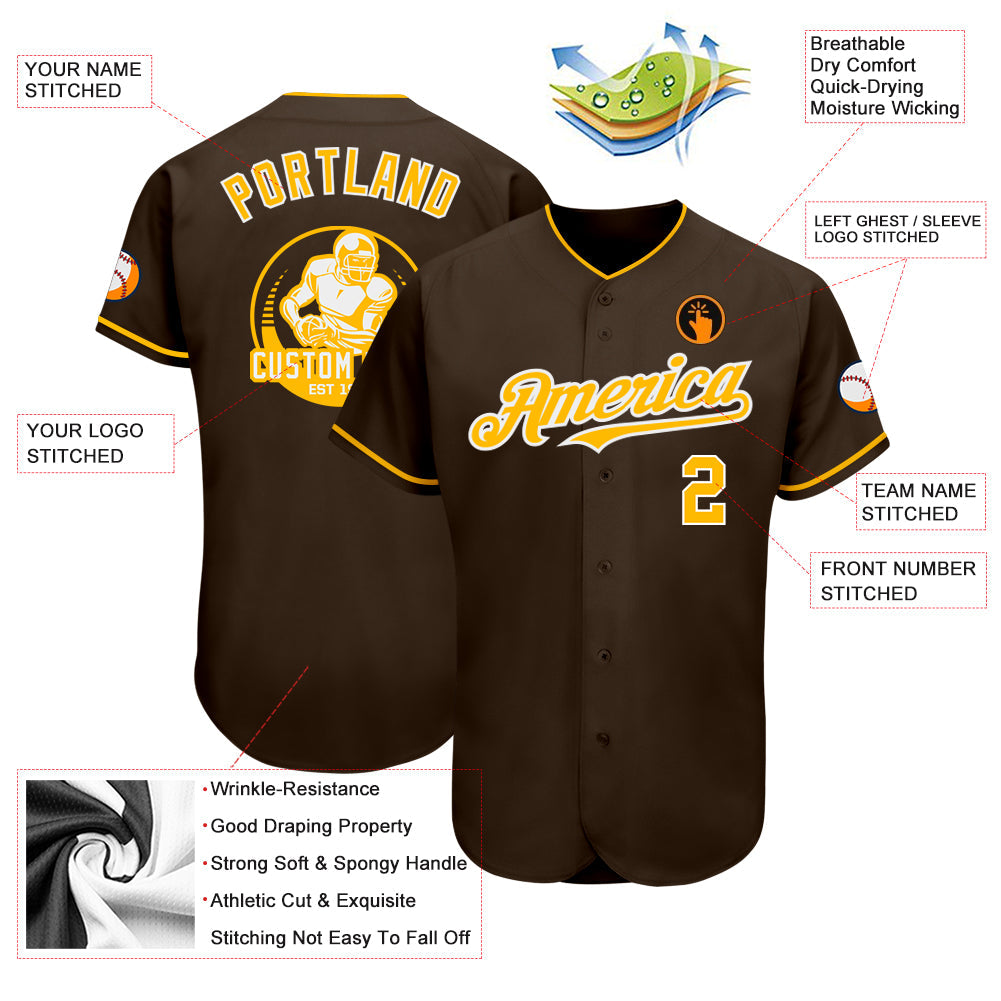 Custom Brown Gold-White Authentic Baseball Jersey - Sky-Custom