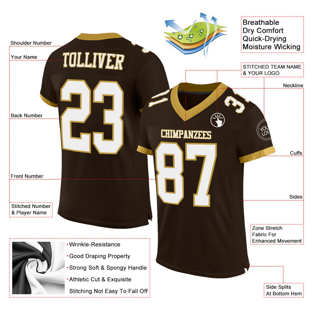 Custom Brown White-Old Gold Mesh Authentic Football Jersey - Sky-Custom
