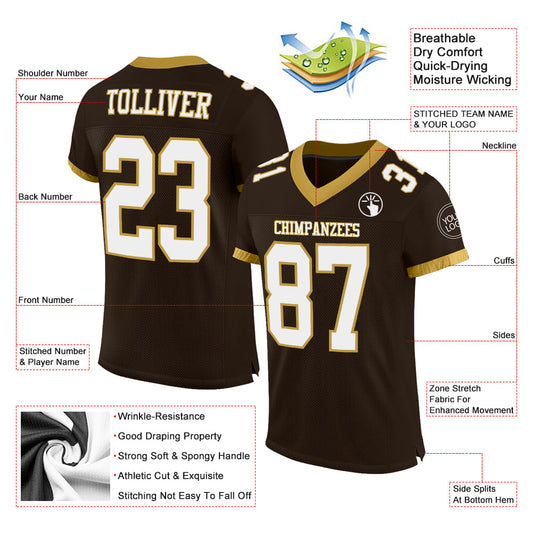 Custom Brown White-Old Gold Mesh Authentic Football Jersey - Sky-Custom