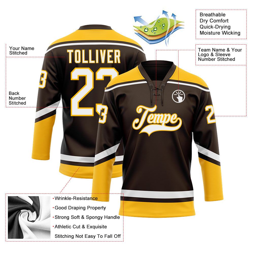 Custom Brown White-Gold Hockey Lace Neck Jersey - Sky-Custom